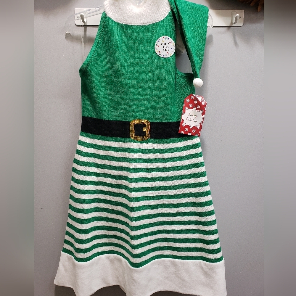 With Love, Derek NWT Green and Ivory Striped Elf Dress with Hat, Medium